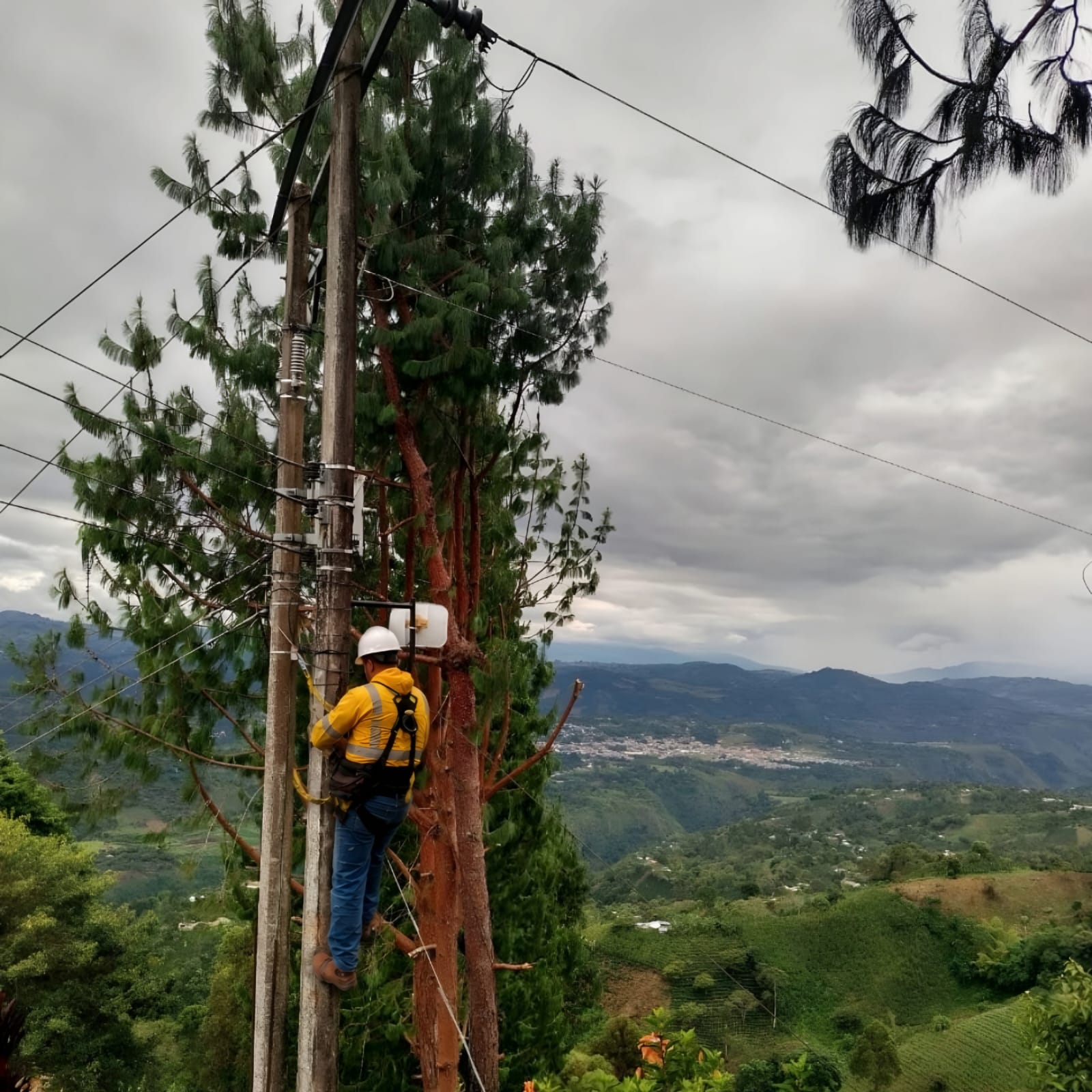 Nuestros técnicos realizan labores de instalación y mantenimiento de infraestructura de telecomunicaciones en zonas rurales, contribuyendo a mantener conectados a nuestros usuarios.